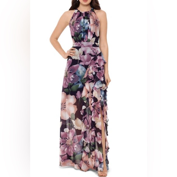 Betsy & Adam Dresses & Skirts - Betsy and Adam Floral Ruffle Slit Chiffon Halter Gown In Wine Rose Chiffon Maxi